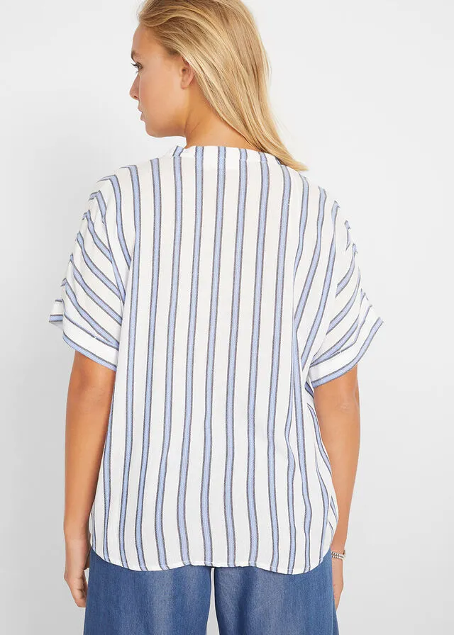 Blusa arrugada, manga corta Azul de rayas