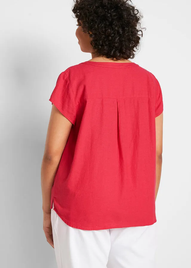 Blusa de lino con media manga Granate