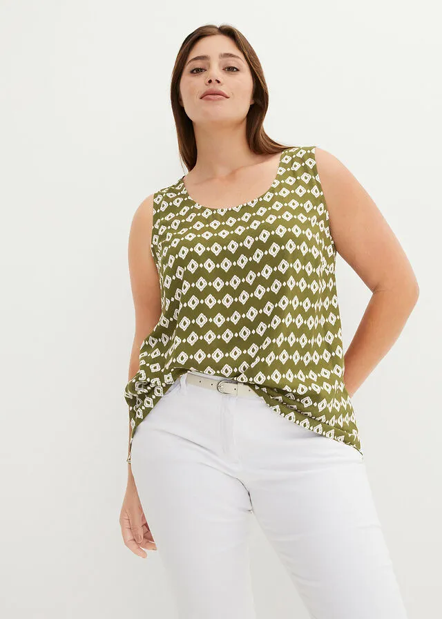 Blusa de viscosa Verde caqui oscuro-blanco estampado