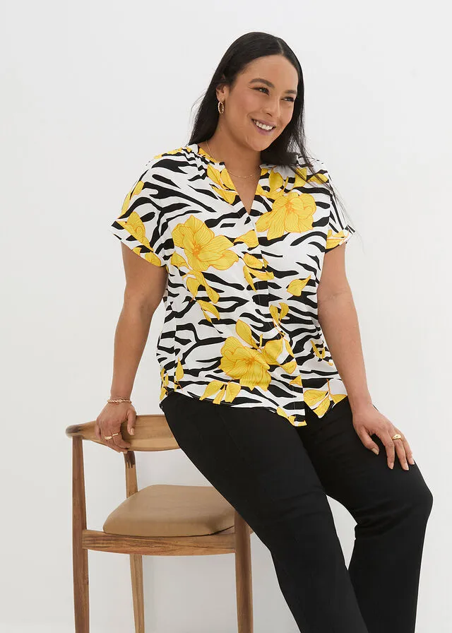 Blusa estampada de viscosa Negro-blanco-amarillo estampado