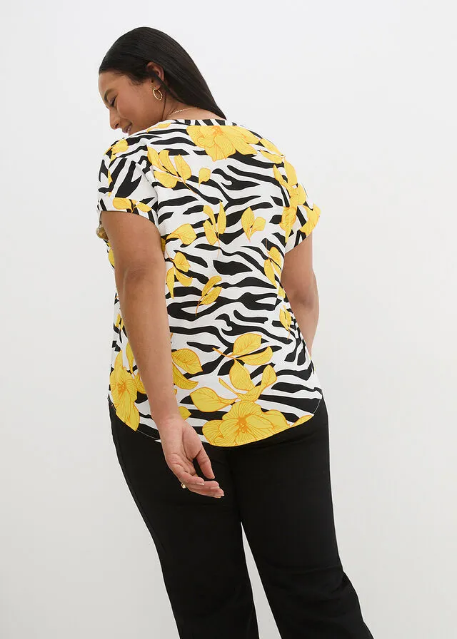 Blusa estampada de viscosa Negro-blanco-amarillo estampado