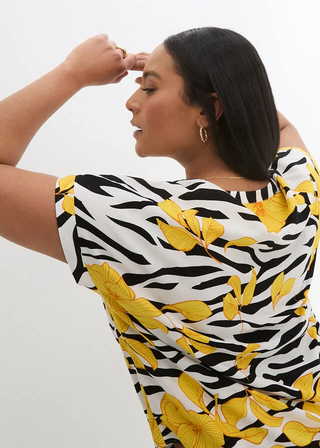 Blusa estampada de viscosa Negro-blanco-amarillo estampado