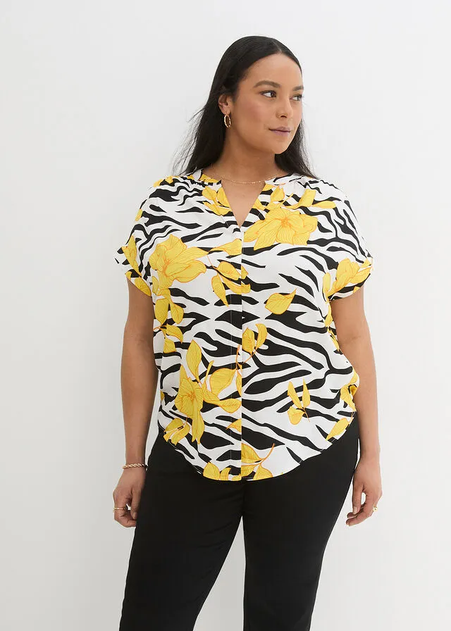 Blusa estampada de viscosa Negro-blanco-amarillo estampado