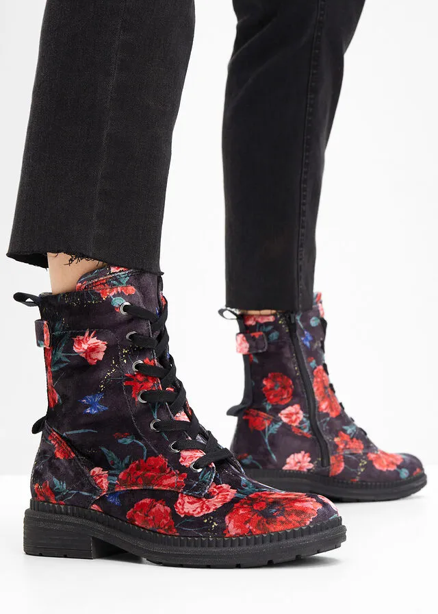 Bota con cordones Jana de ancho cómodo Negro-rojo de flores