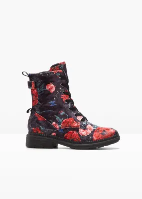 Bota con cordones Jana de ancho cómodo Negro-rojo de flores