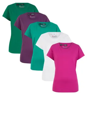 Camiseta de cuello redondo y manga corta (5 unidades) Esmeralda + uva + fucsia + blanco + verde menta