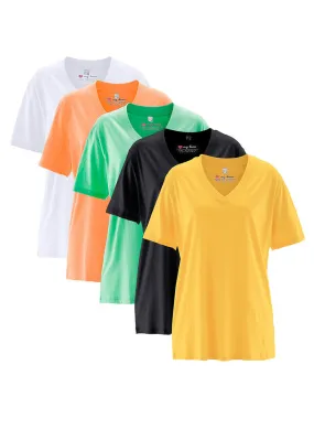 Camiseta larga y ancha con cuello en V (5 unidades), de manga corta amarillo canario+menta suave+albaricoque+negro+blanco