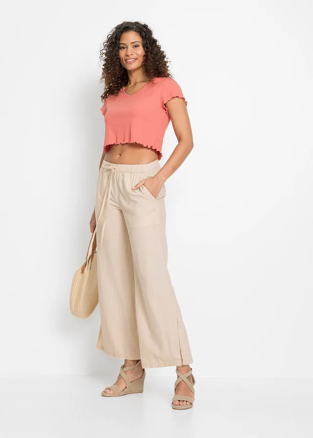 Pantalón ancho de lino Beige-arena