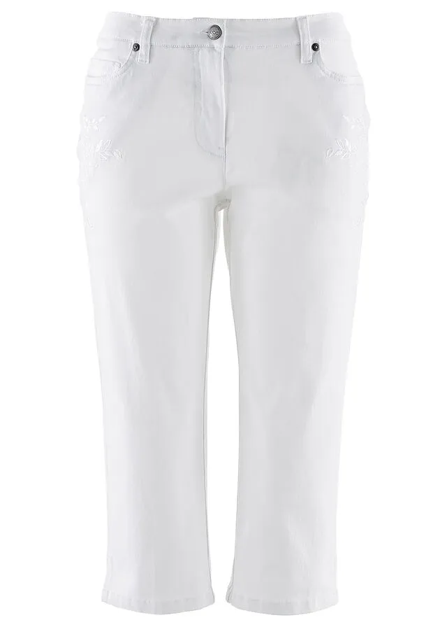 Pantalón capri de algodón con cintura cómoda y aberturas laterales Blanco