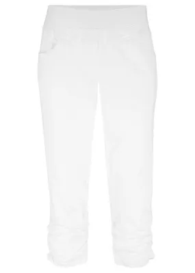 Pantalón capri de algodón con cintura cómoda y fruncido Blanco