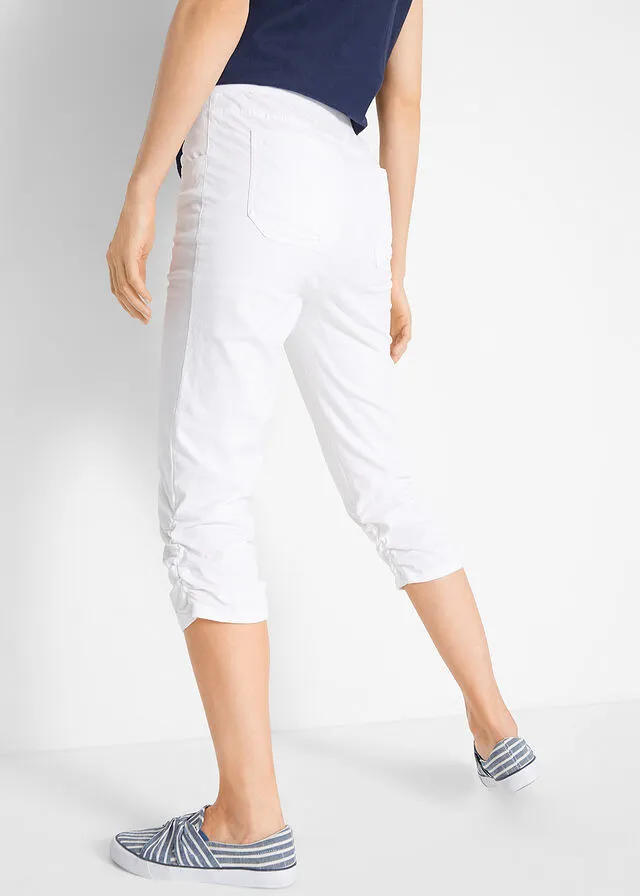 Pantalón capri de algodón con cintura cómoda y fruncido Blanco