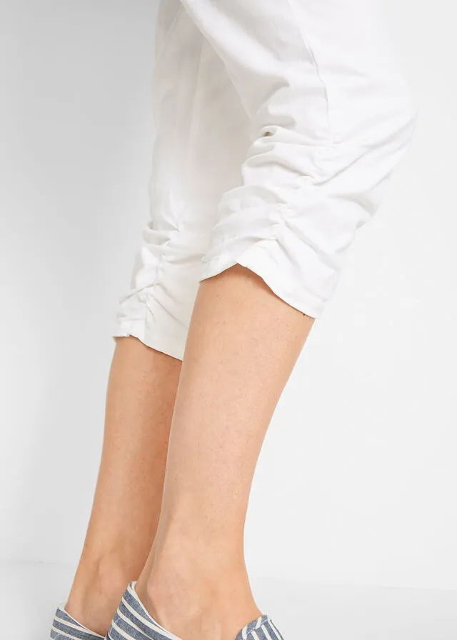 Pantalón capri de algodón con cintura cómoda y fruncido Blanco