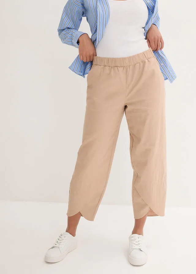 Pantalón capri de lino con cintura cómoda y ajuste holgado Marrón claro