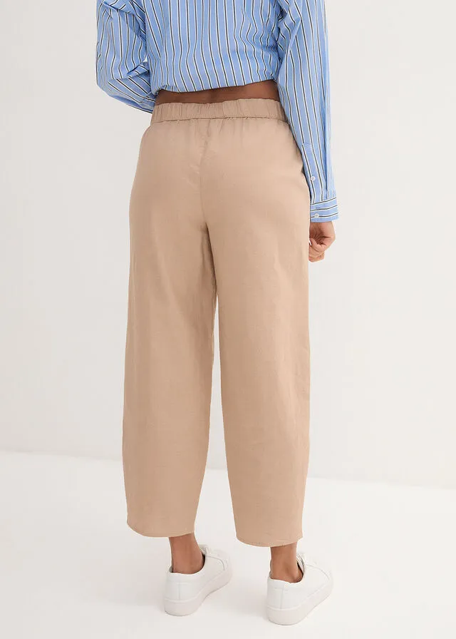 Pantalón capri de lino con cintura cómoda y ajuste holgado Marrón claro