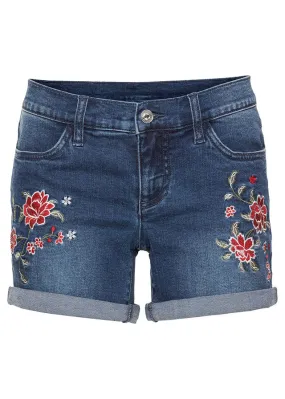 Pantalón corto vaquero con bordado Azul de flores