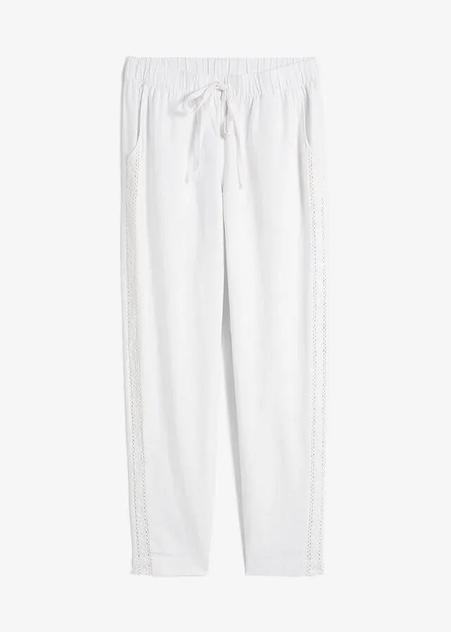 Pantalón de lino con encaje lateral, tobillero Blanco