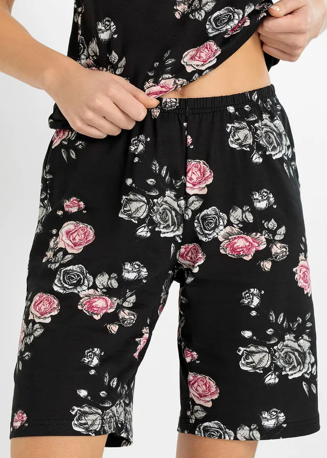 Pijama corto con encaje y pantalón tipo bermuda Negro estampado