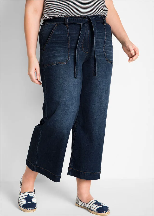 Vaqueros capri de tiro alto con cintura cómoda y corte holgado azul noche denim